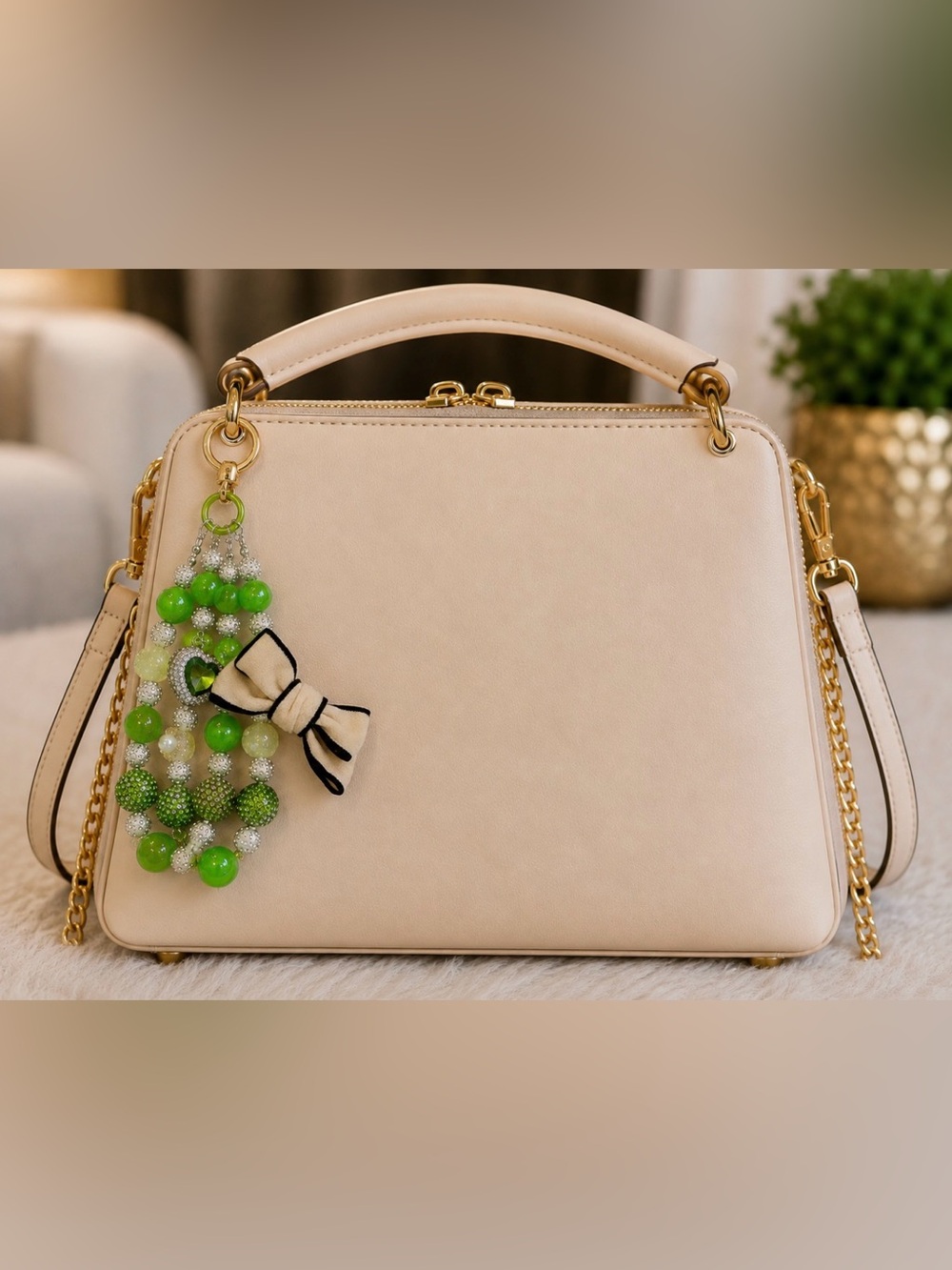 Green Beaded Bow Charm For Purse or Cell Phone